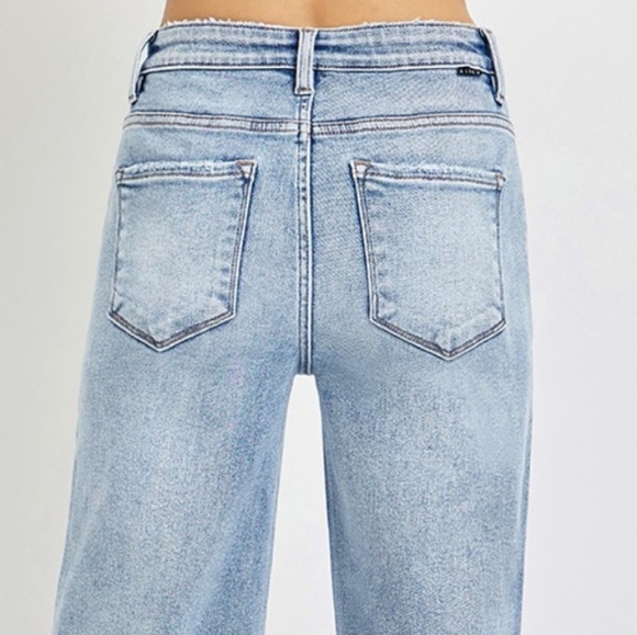 RISEN High-Rise Wide Leg Tummy Control Pants Distressed Cropped Denim Blue Jeans - Picture 6 of 15